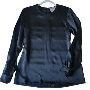 LIHLI at Saks Fifth‎ Av Black All Silk Satin Long Sleeve Blouse Size 4 Relaxed